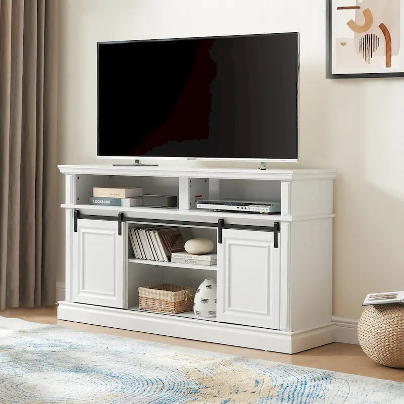 Meuble console média avec meuble de rangement, Table TV de divertissement de style Mid-Century, Meuble TV polyvalent à portes coulissantes