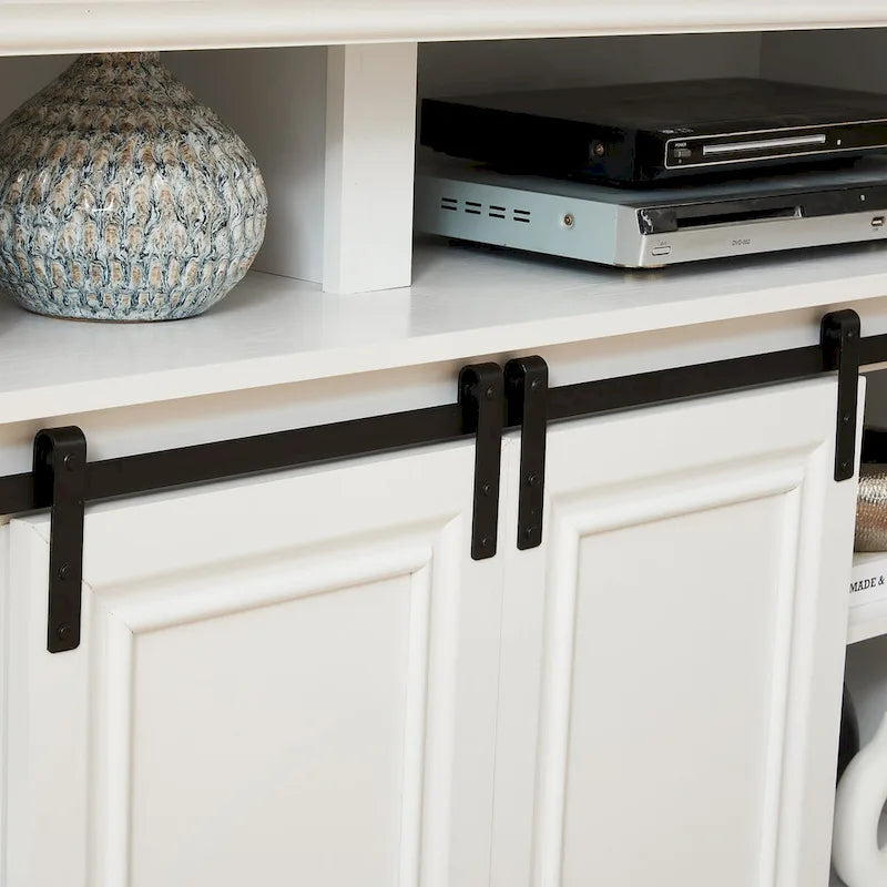 Meuble console média avec meuble de rangement, Table TV de divertissement de style Mid-Century, Meuble TV polyvalent à portes coulissantes