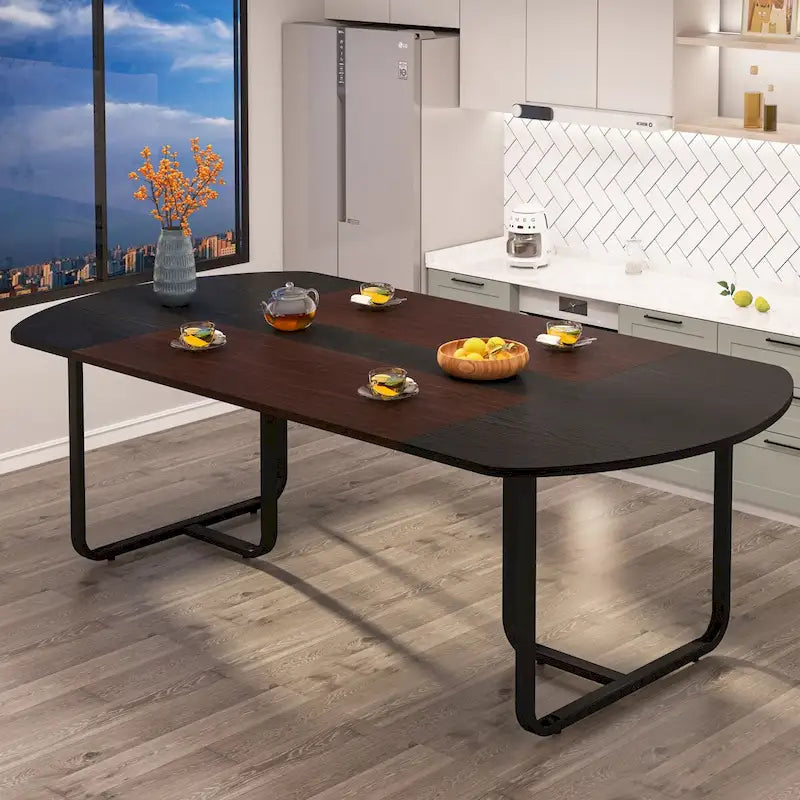 Table à manger ovale moderne de 70,86 pouces avec plateau à lattes, tables de cuisine incurvées pour 6 à 8 personnes