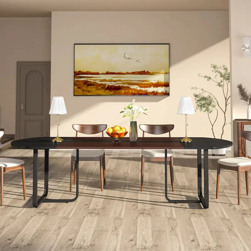 Table à manger ovale moderne de 70,86 pouces avec plateau à lattes, tables de cuisine incurvées pour 6 à 8 personnes