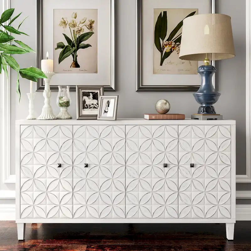Bahut/buffet de rangement moderne blanc lavé de 60 pouces à 4 portes avec armoire de rangement accentuante en bois