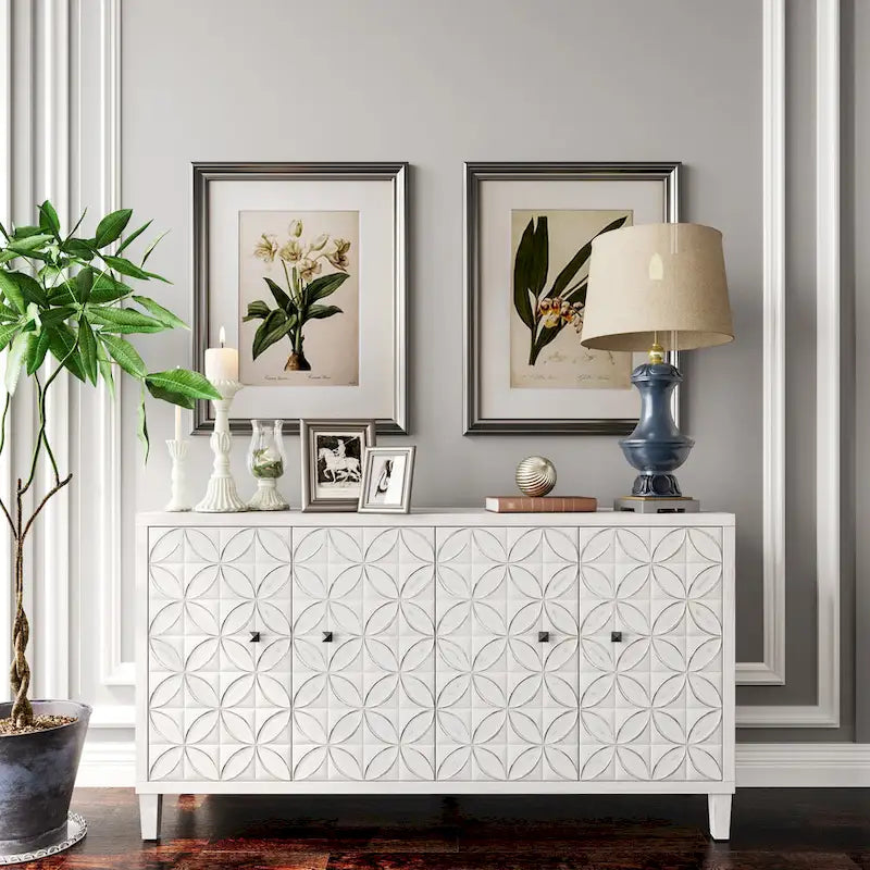 Bahut/buffet de rangement moderne blanc lavé de 60 pouces à 4 portes avec armoire de rangement accentuante en bois