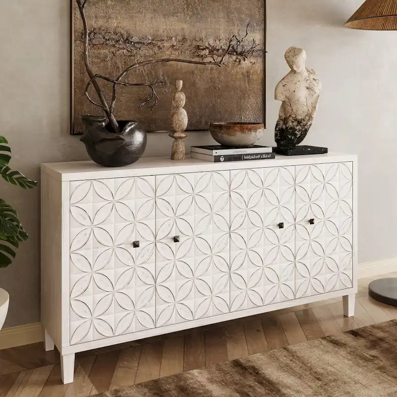 Bahut/buffet de rangement moderne blanc lavé de 60 pouces à 4 portes avec armoire de rangement accentuante en bois