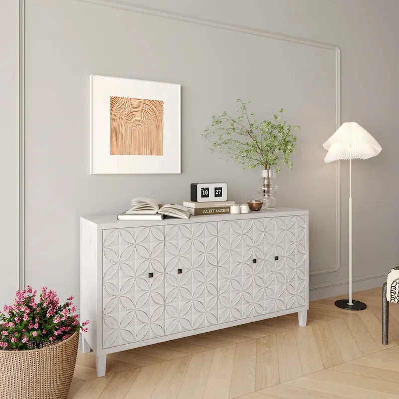 Bahut/buffet de rangement moderne blanc lavé de 60 pouces à 4 portes avec armoire de rangement accentuante en bois