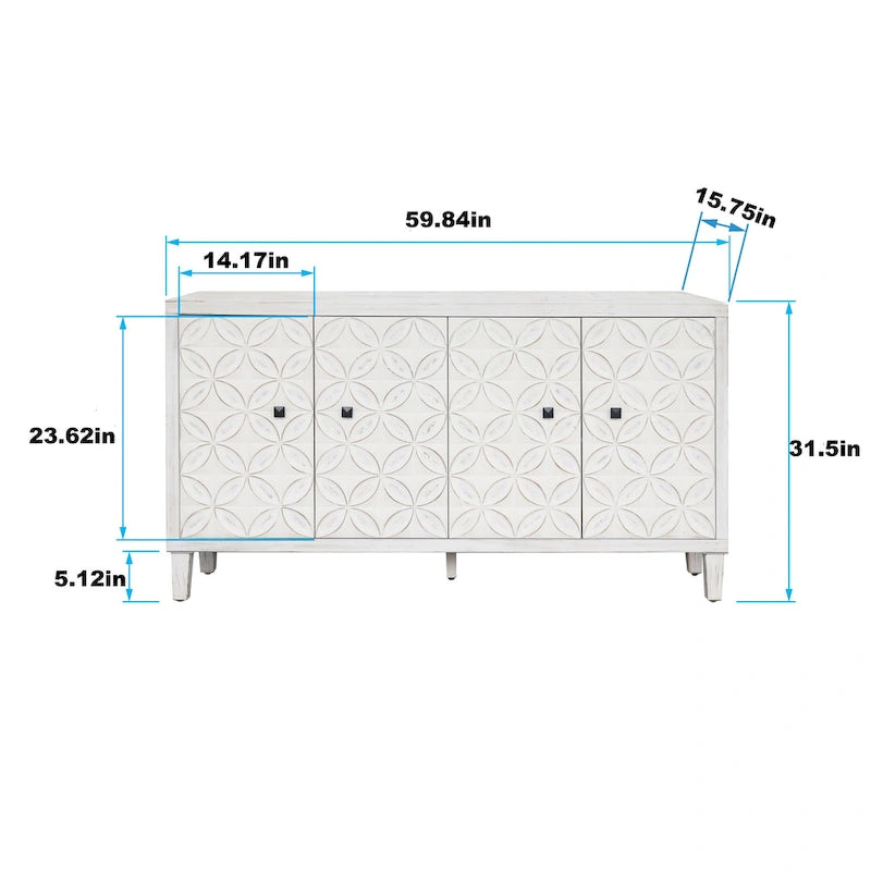 Bahut/buffet de rangement moderne blanc lavé de 60 pouces à 4 portes avec armoire de rangement accentuante en bois