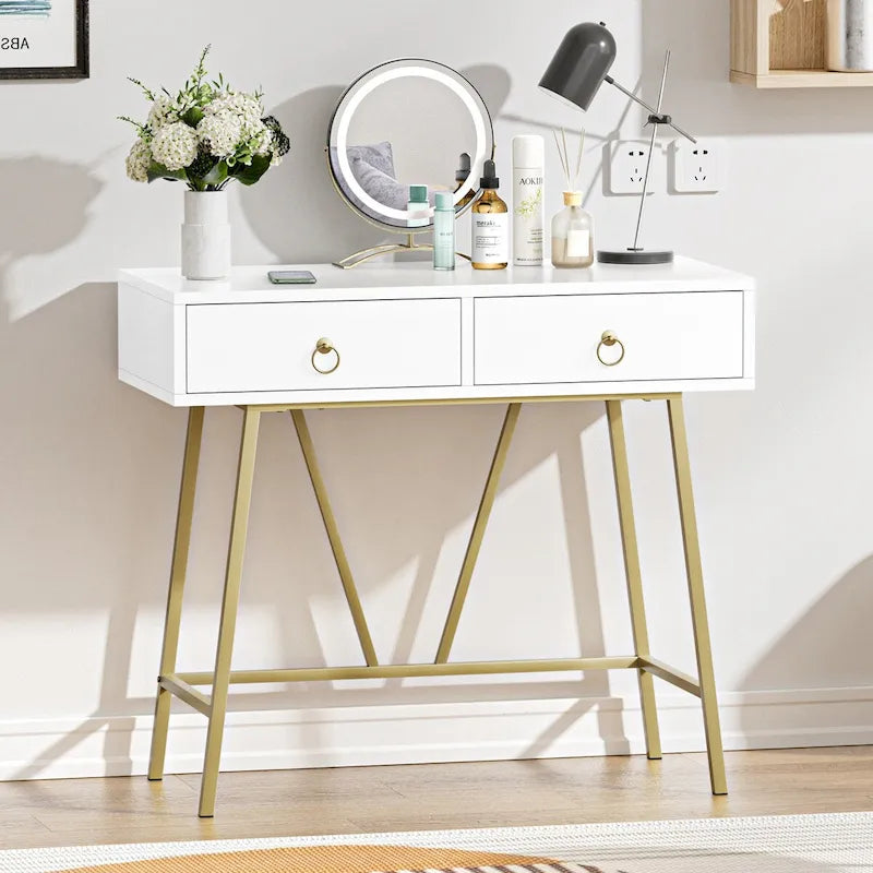 Bureau d'ordinateur moderne 90 cm avec 2 tiroirs et pieds dorés, table de maquillage coiffeuse blanche