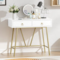 Bureau d'ordinateur moderne 90 cm avec 2 tiroirs et pieds dorés, table de maquillage coiffeuse blanche
