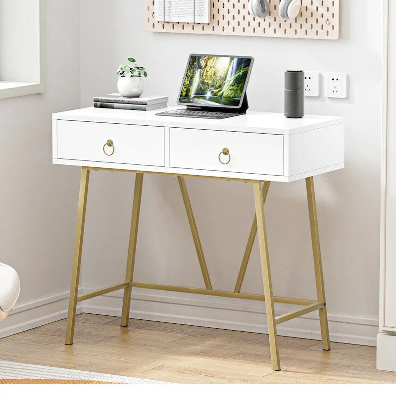 Bureau d'ordinateur moderne 90 cm avec 2 tiroirs et pieds dorés, table de maquillage coiffeuse blanche