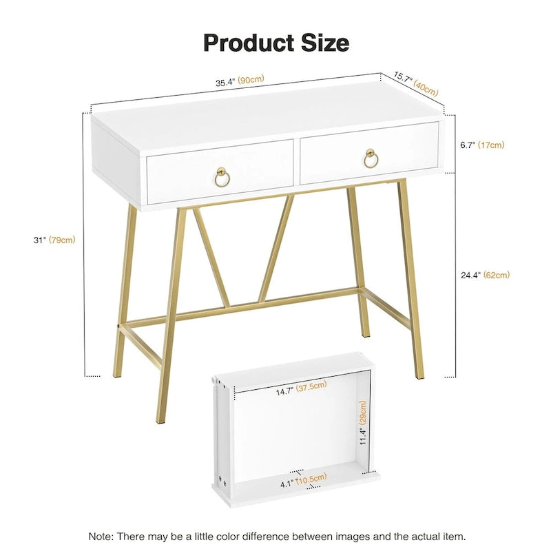 Bureau d'ordinateur moderne 90 cm avec 2 tiroirs et pieds dorés, table de maquillage coiffeuse blanche