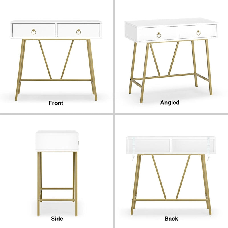 Bureau d'ordinateur moderne 90 cm avec 2 tiroirs et pieds dorés, table de maquillage coiffeuse blanche