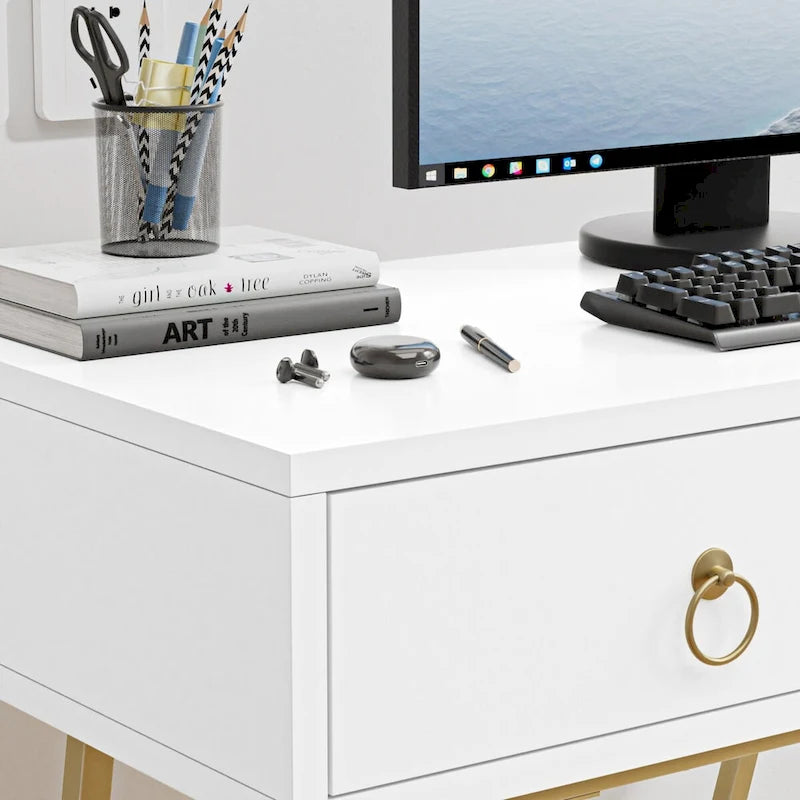 Bureau d'ordinateur moderne 90 cm avec 2 tiroirs et pieds dorés, table de maquillage coiffeuse blanche