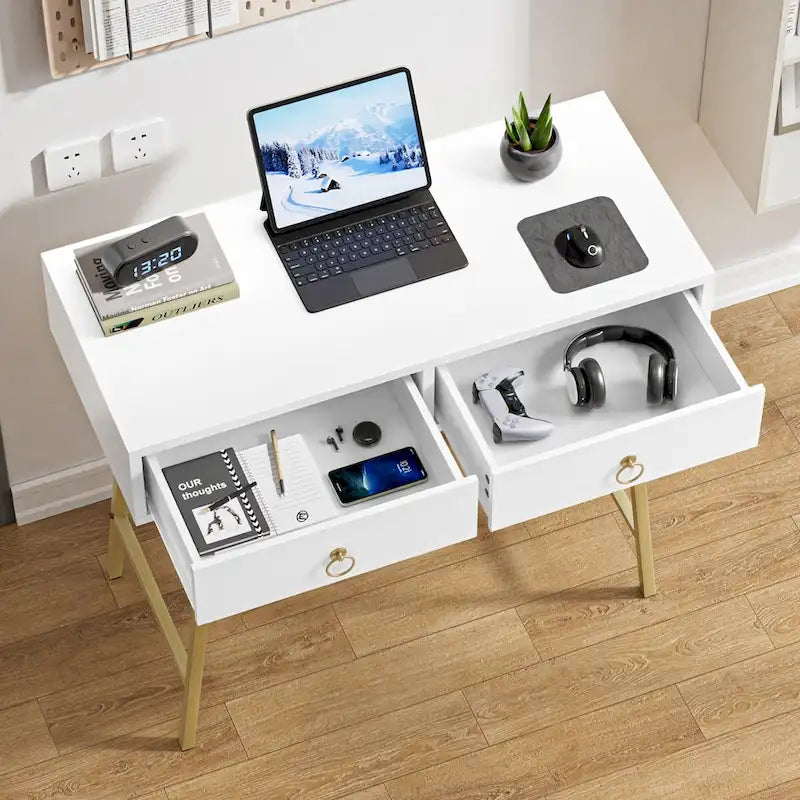 Bureau d'ordinateur moderne 90 cm avec 2 tiroirs et pieds dorés, table de maquillage coiffeuse blanche