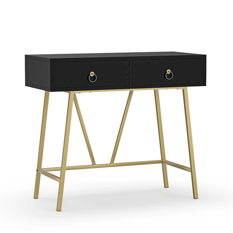 Bureau d'ordinateur moderne 90 cm avec 2 tiroirs et pieds dorés, table de maquillage coiffeuse blanche