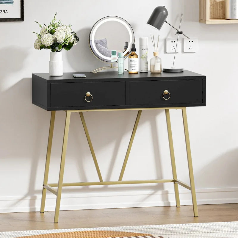 Bureau d'ordinateur moderne 90 cm avec 2 tiroirs et pieds dorés, table de maquillage coiffeuse blanche