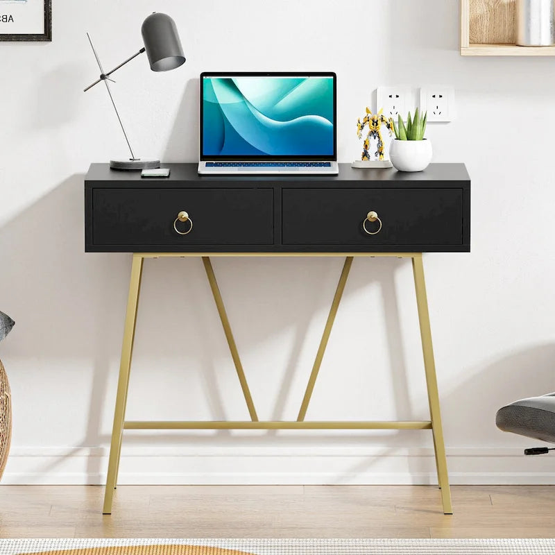 Bureau d'ordinateur moderne 90 cm avec 2 tiroirs et pieds dorés, table de maquillage coiffeuse blanche