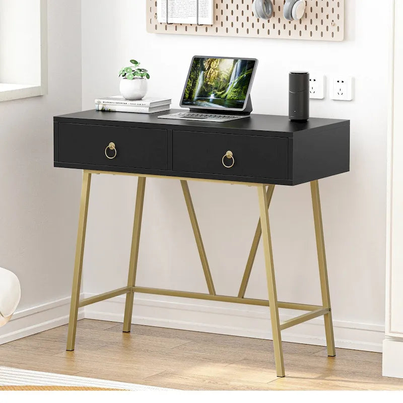 Bureau d'ordinateur moderne 90 cm avec 2 tiroirs et pieds dorés, table de maquillage coiffeuse blanche