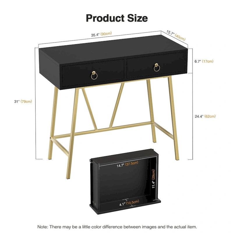 Bureau d'ordinateur moderne 90 cm avec 2 tiroirs et pieds dorés, table de maquillage coiffeuse blanche