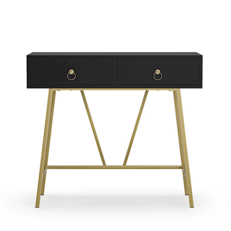 Bureau d'ordinateur moderne 90 cm avec 2 tiroirs et pieds dorés, table de maquillage coiffeuse blanche