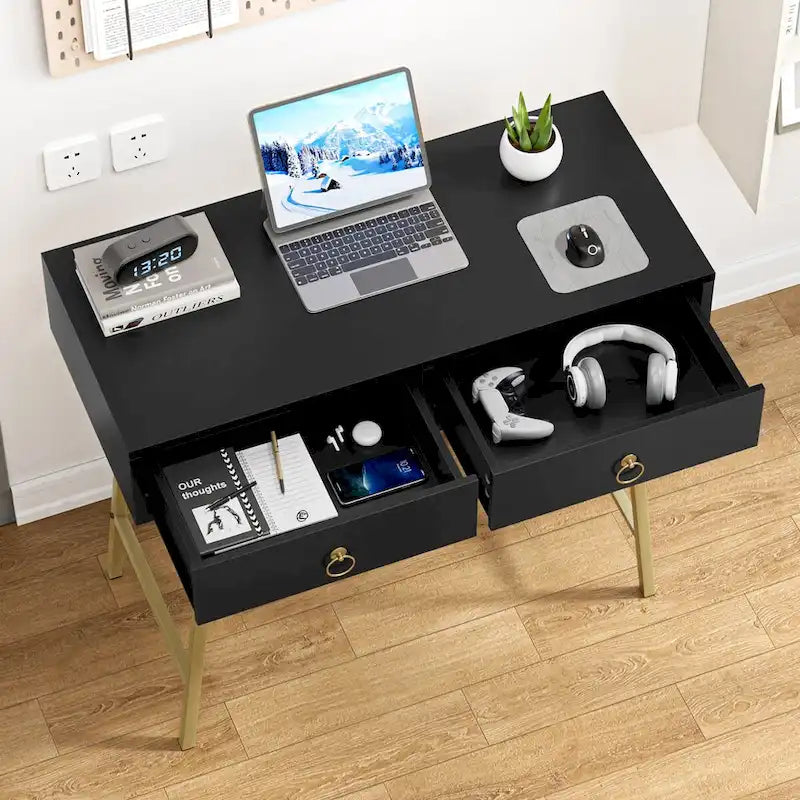 Bureau d'ordinateur moderne 90 cm avec 2 tiroirs et pieds dorés, table de maquillage coiffeuse blanche