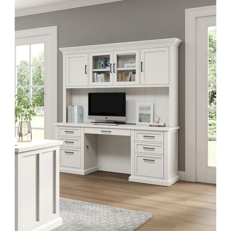 Vaisselier moderne en bois avec portes et bureau, vaisselier de rangement et crédence, rangement de bureau, entièrement assemblé, blanc