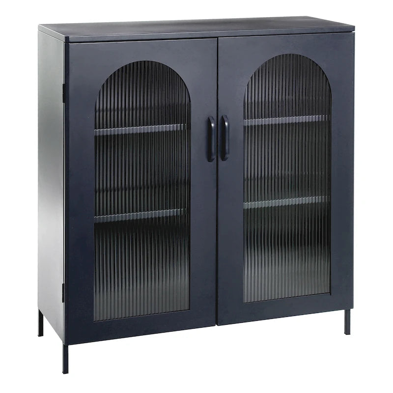 Meuble bas en métal avec 2 portes vitrées cintrées