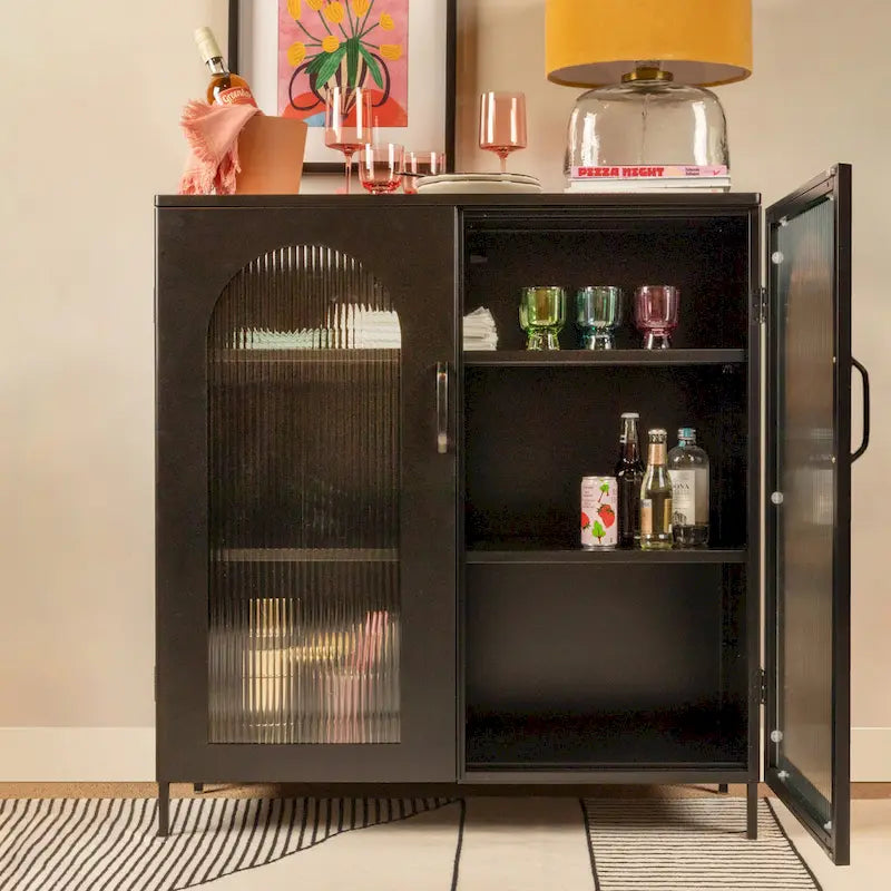 Meuble bas en métal avec 2 portes vitrées cintrées