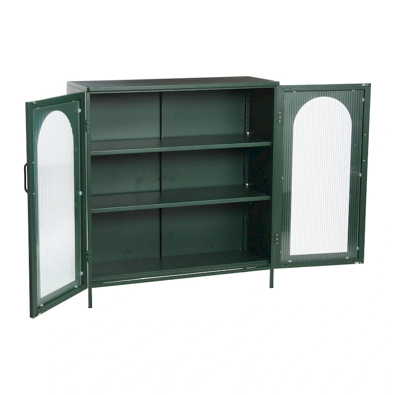 Meuble bas en métal avec 2 portes vitrées cintrées