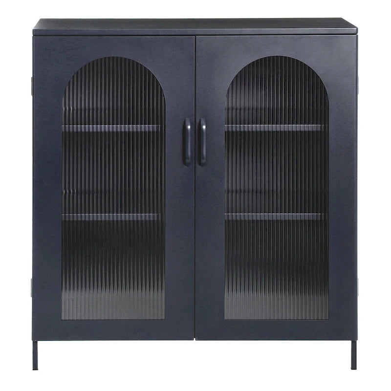 Meuble bas en métal avec 2 portes vitrées cintrées