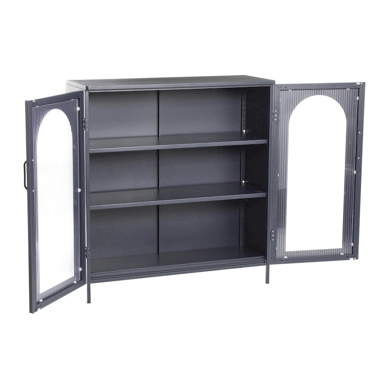 Meuble bas en métal avec 2 portes vitrées cintrées